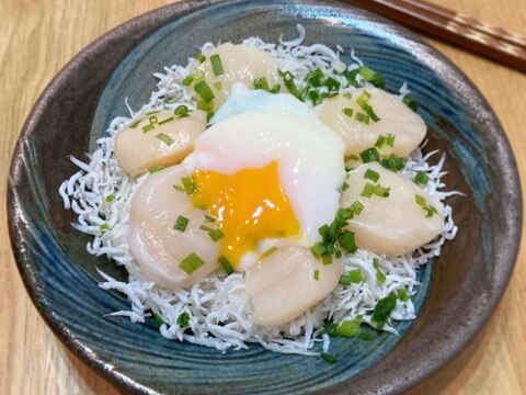 ホタテとシラスの温卵のっけ丼❣️